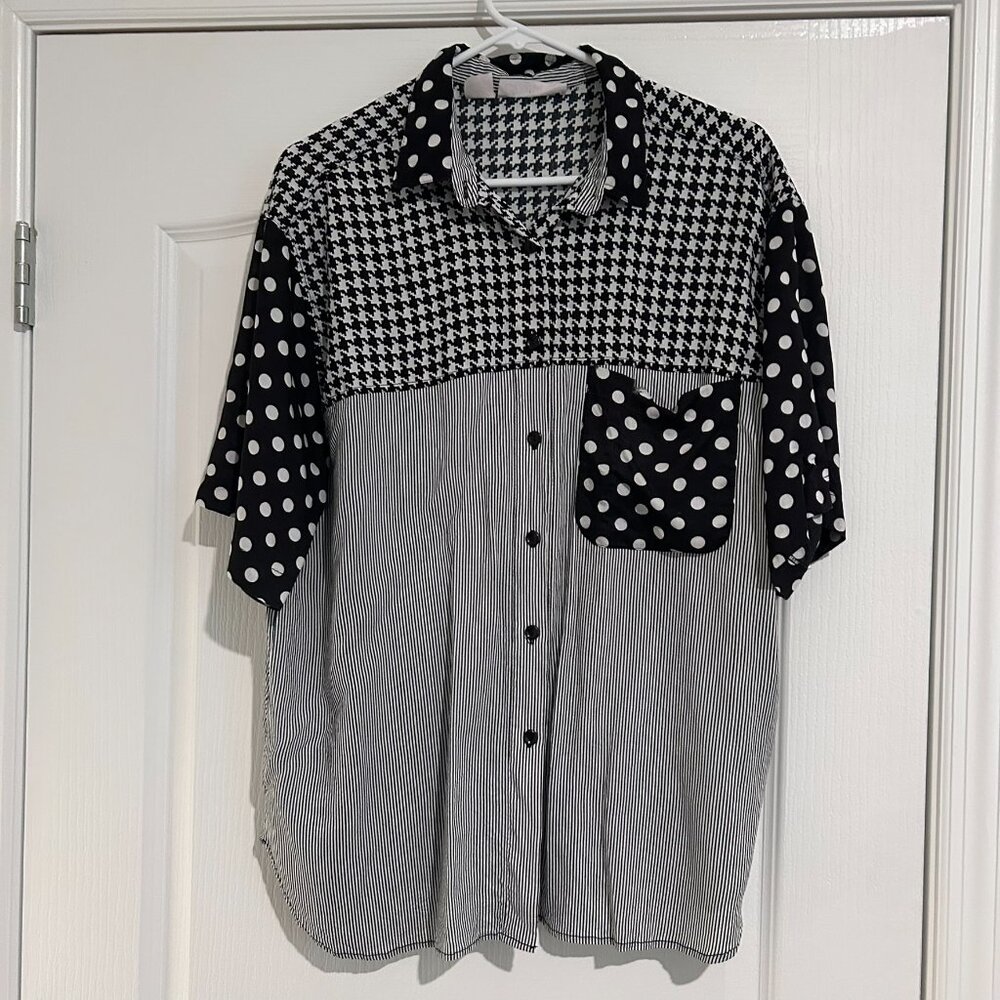 Vintage Eve Ltd 1980's Polka Dot Stripe Button Up Short Sleeve Top 18W Poland